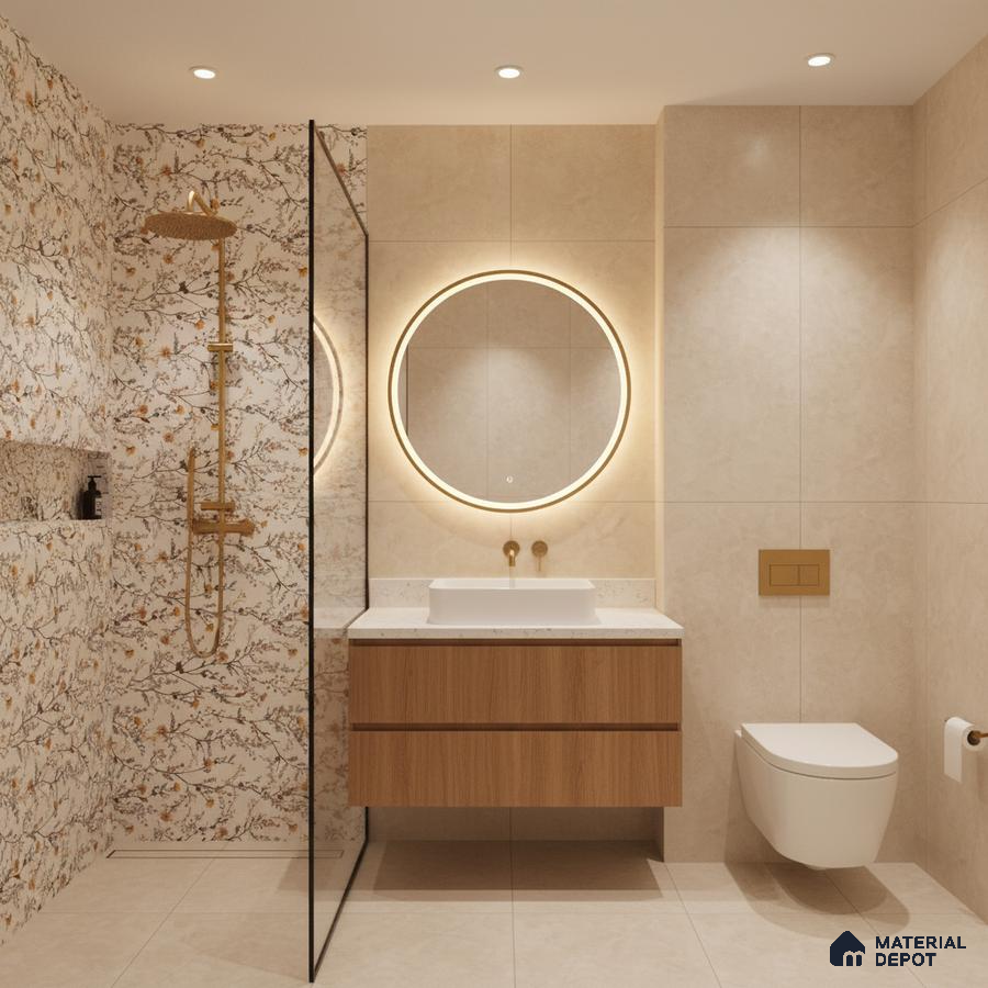 Modern bathroom with floral patterned wall tiles, beige stone-look tiles, and wood laminate floating vanity