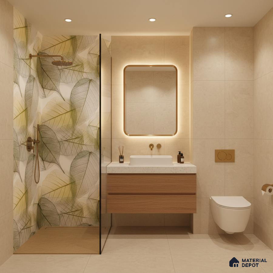 Modern bathroom with leaf-patterned highlighter wall tile, beige stone wall tiles, and floating wood vanity