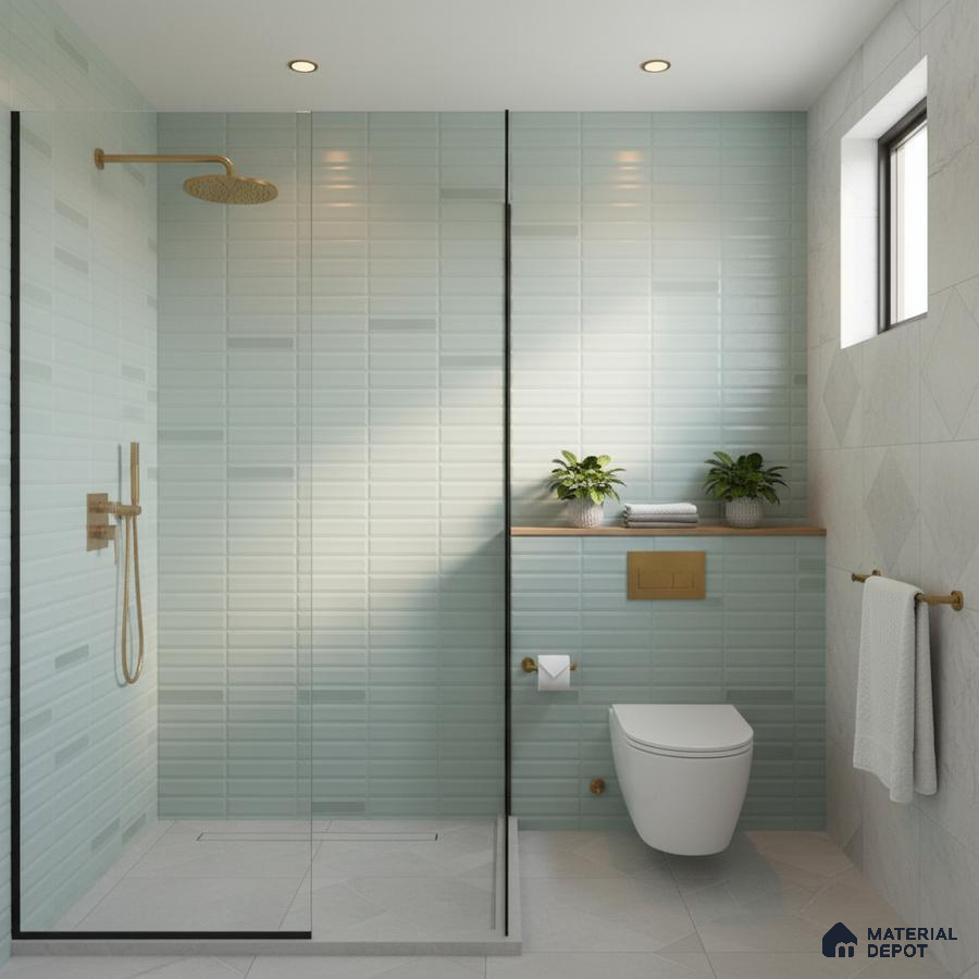 Minimalist bathroom with mint green subway wall tiles and matte white floor tiles