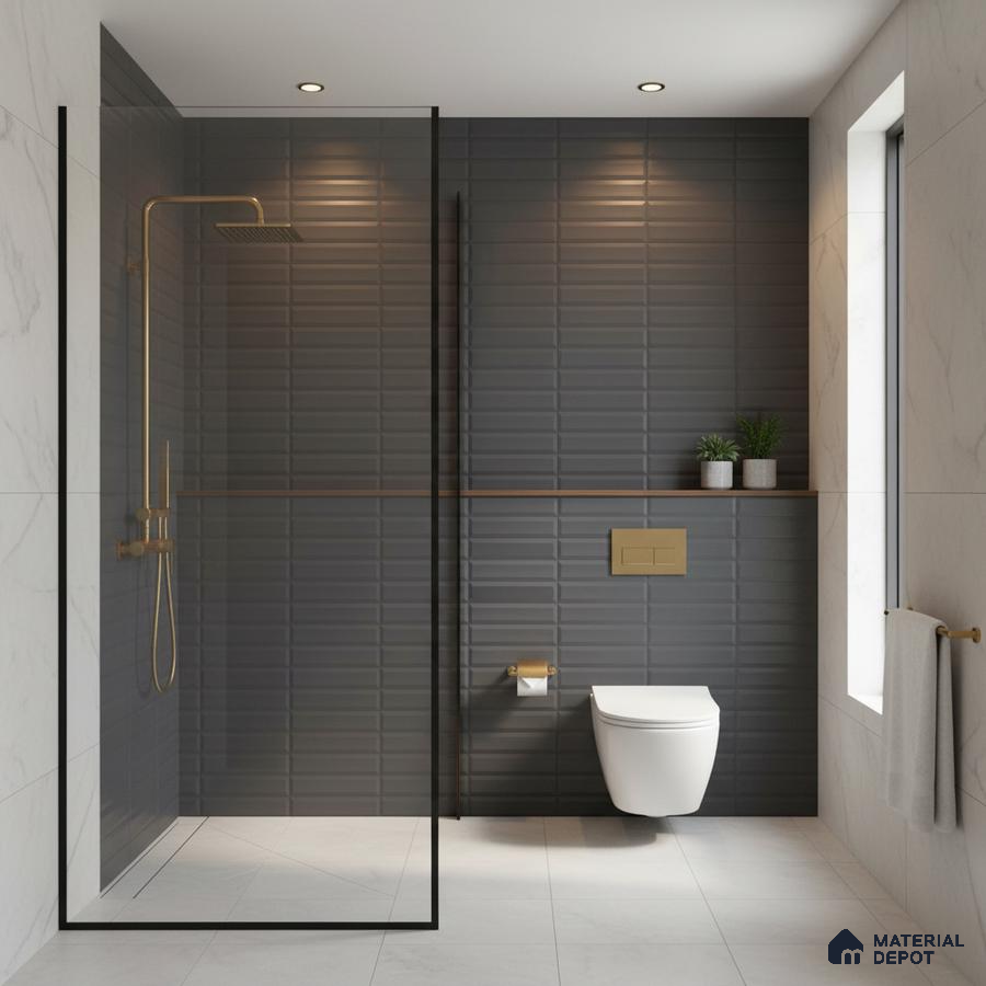 Modern bathroom with matte charcoal grey subway wall tiles and white marble-look floor tiles