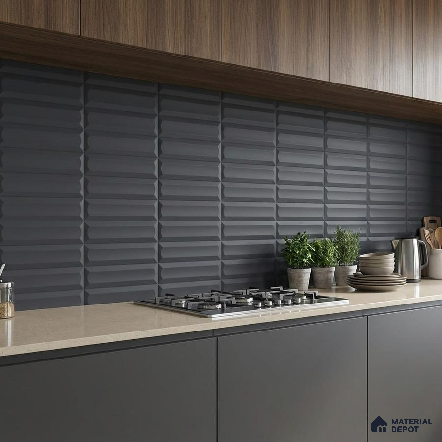 Modern kitchen with matte charcoal grey 3D wall tiles, walnut wood laminate cabinets, and beige quartz countertop