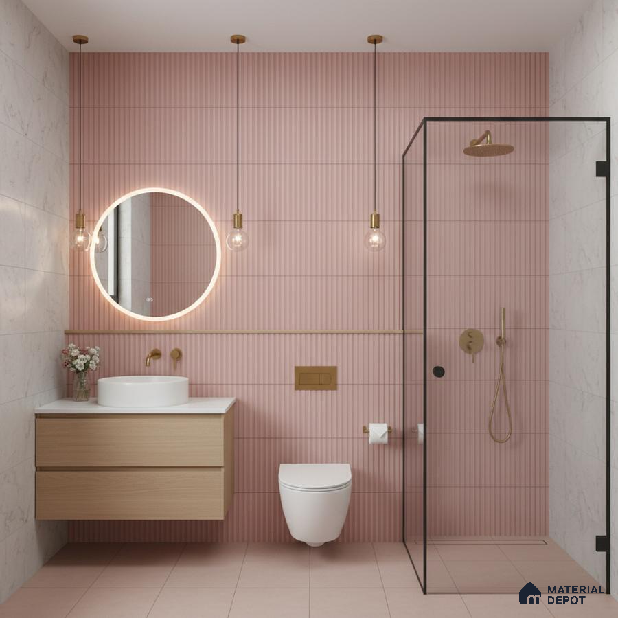 Modern bathroom with blush pink fluted wall tiles, marble wall tiles, and light wood floating vanity