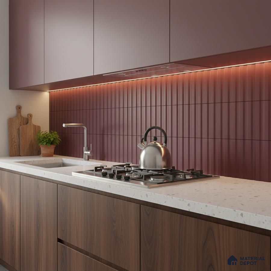 Modern kitchen with mauve laminate cabinets, walnut wood base, and mauve fluted backsplash tile