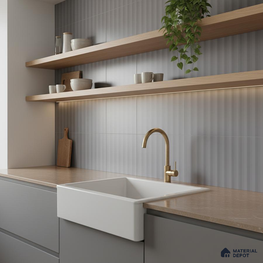 Scandinavian kitchen with matte grey laminate cabinets, beige quartz countertop, and fluted grey wall tiles