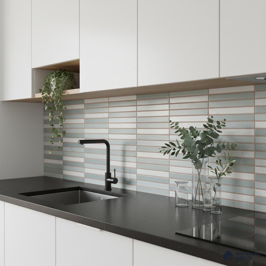 Minimalist kitchen with frosty white laminate cabinets, matte black quartz countertop, and pastel blue kitkat backsplash tiles