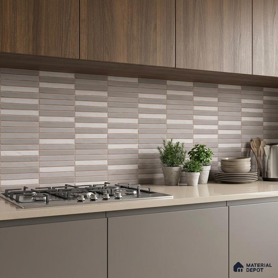 Modern kitchen with walnut wood laminate cabinets, beige quartz countertop, and taupe striped subway backsplash tiles