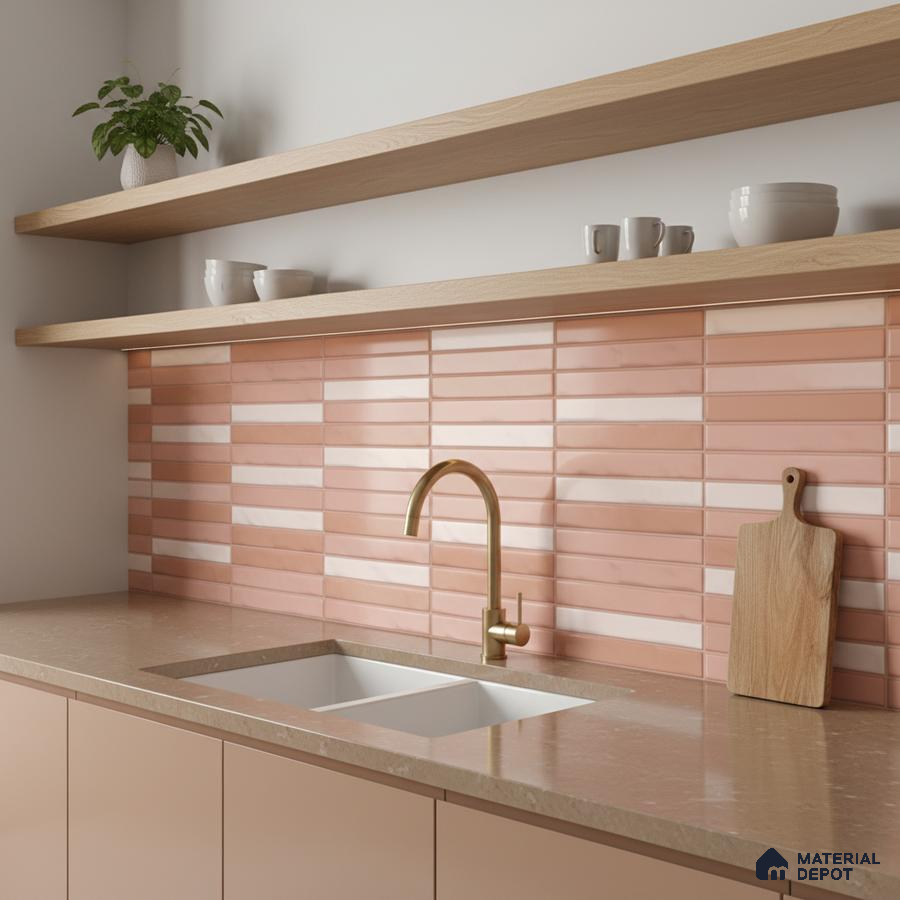 Scandinavian kitchen with blush pink subway backsplash tile and beige quartz countertop