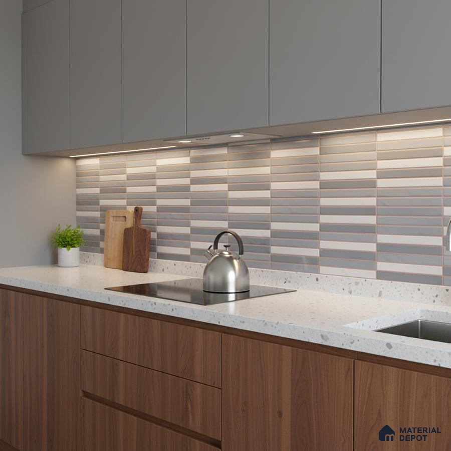 Modern kitchen with grey solid laminate, walnut wood laminate, terrazzo countertop, and striped subway backsplash tiles