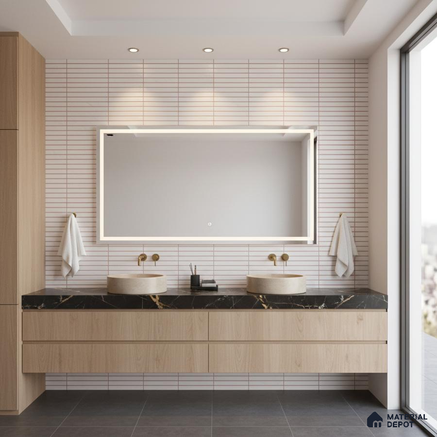Minimalist bathroom with light wood vanity, black quartz countertop, and white kitkat wall tiles