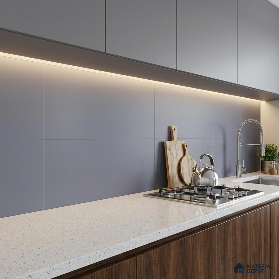 Modern kitchen with grey matte laminate cabinets, white quartz countertop, and walnut wood laminate base