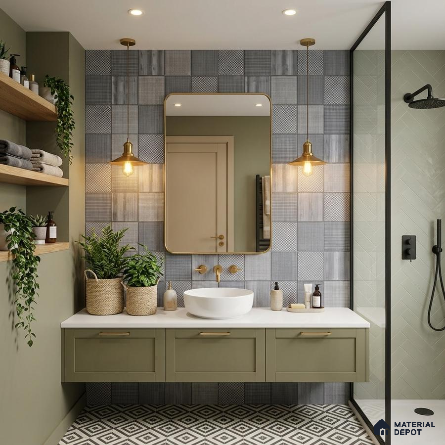 Scandinavian bathroom with sage green vanity, patterned grey wall tiles, and geometric floor tiles