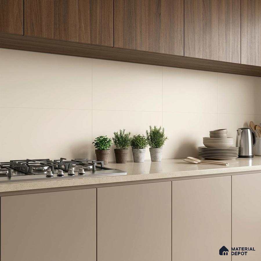 Modern kitchen with walnut wood laminate upper cabinets, beige solid color laminate base cabinets, and cream quartz countertop
