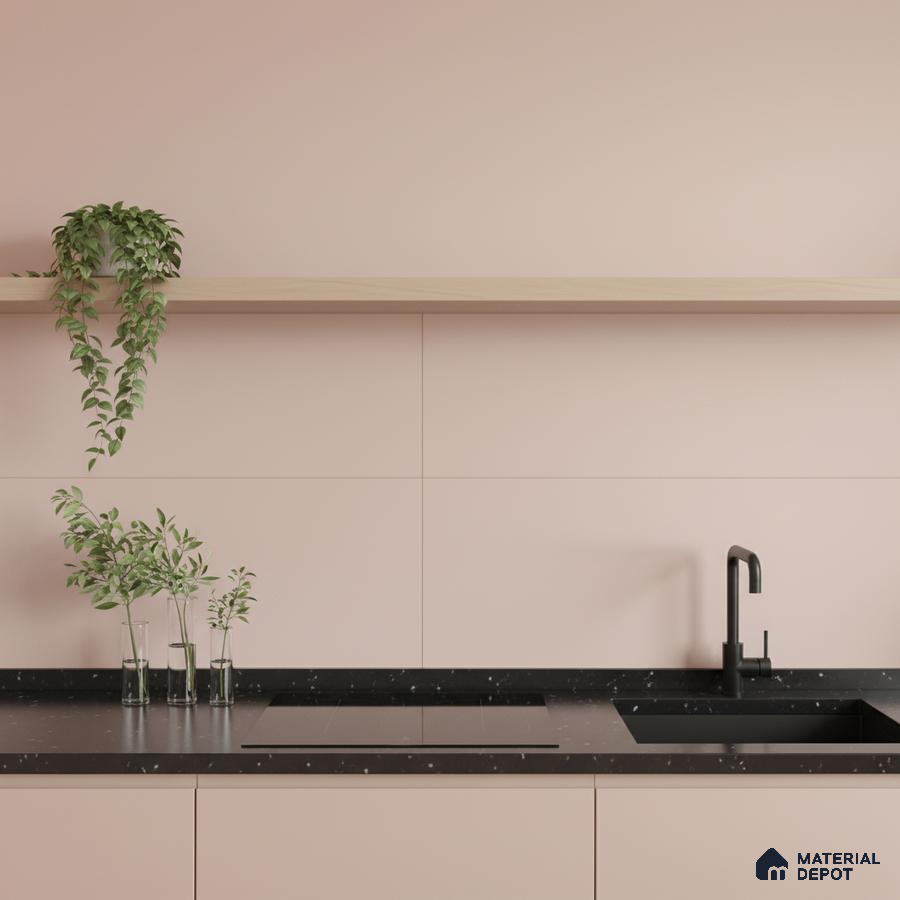 Minimalist kitchen with pastel pink laminate cabinets and black terrazzo countertop