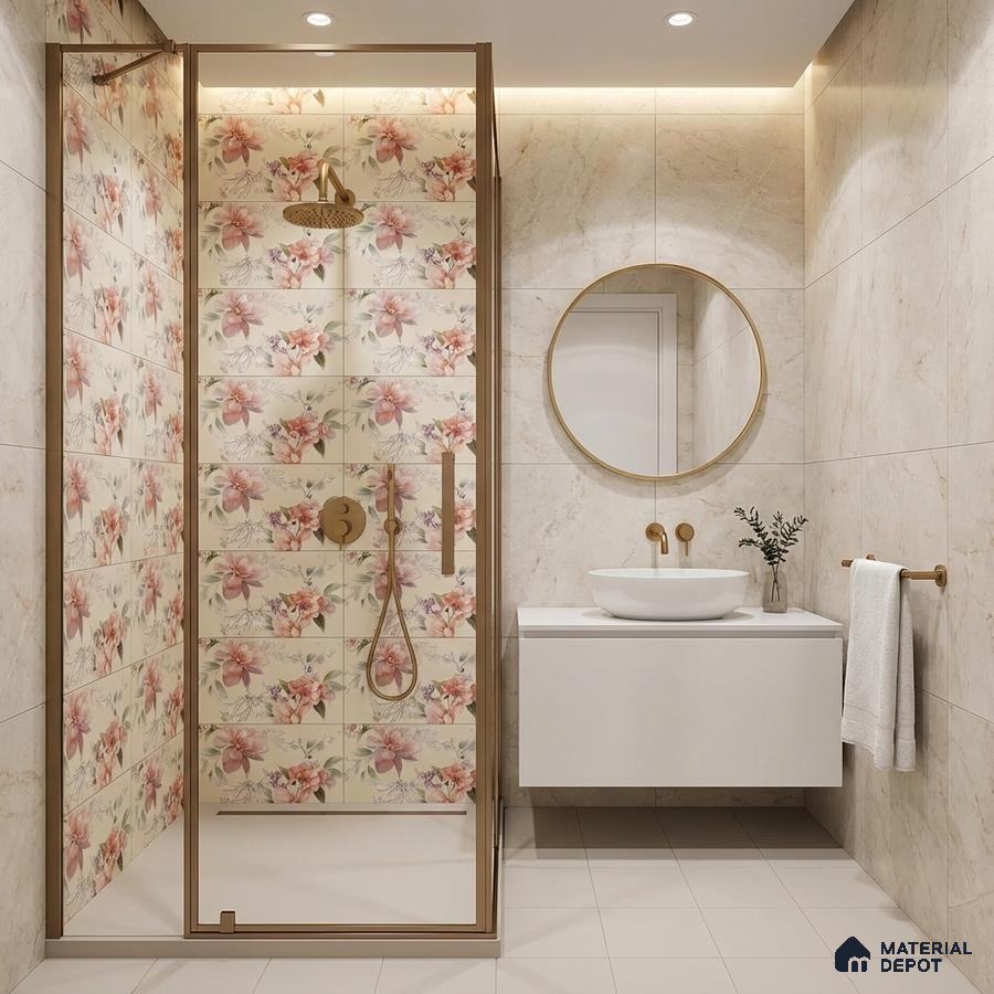 Modern bathroom with floral highlighter wall tiles and beige marble-look wall tiles
