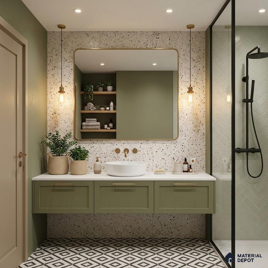 Modern bathroom with sage green laminate vanity, terrazzo wall tiles, and geometric black-and-white floor tiles