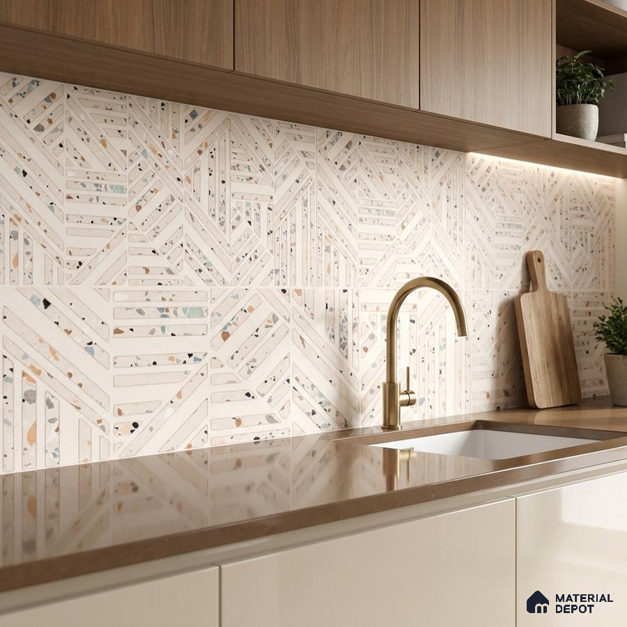 Modern kitchen with terrazzo geometric backsplash tile, taupe quartz countertop, and light wood laminate cabinets