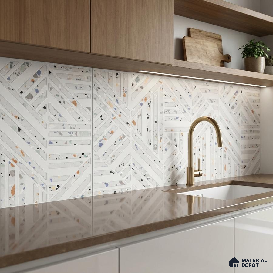 Modern kitchen with terrazzo geometric backsplash tile, brown quartz countertop, and light oak laminate cabinets