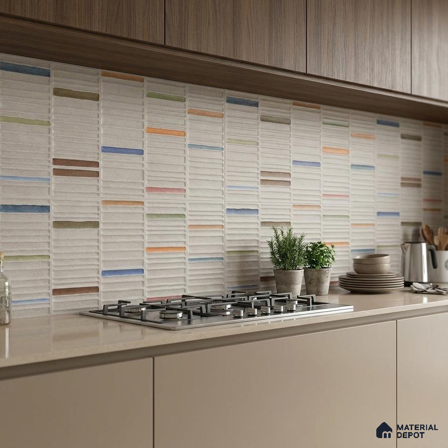 Modern kitchen with multicolor geometric textured backsplash tile and taupe laminate cabinets