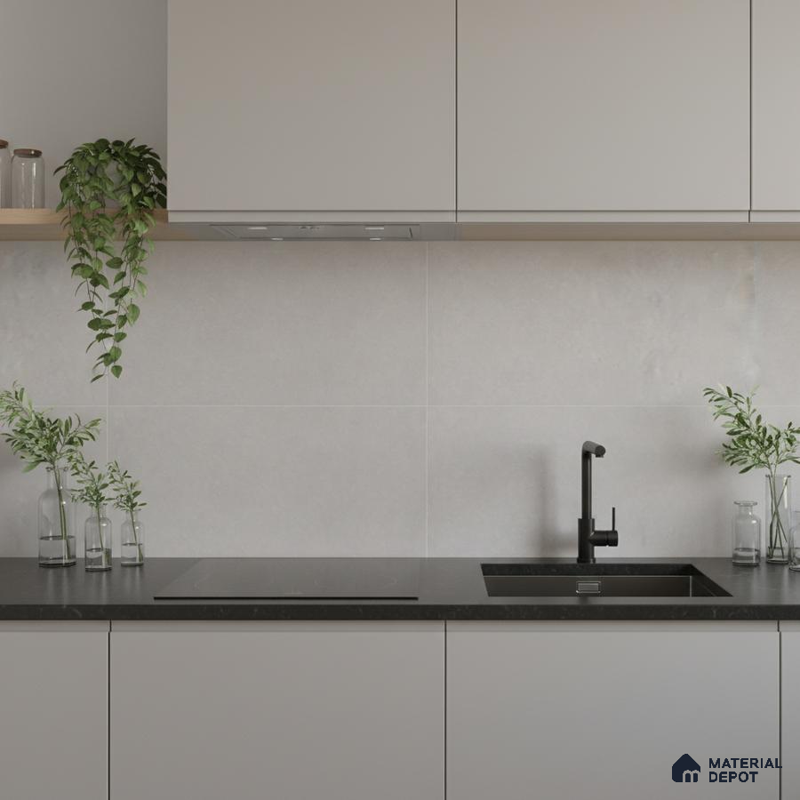 Minimalist kitchen with frosty white laminate cabinets, black quartz countertop, and light grey stone backsplash tile