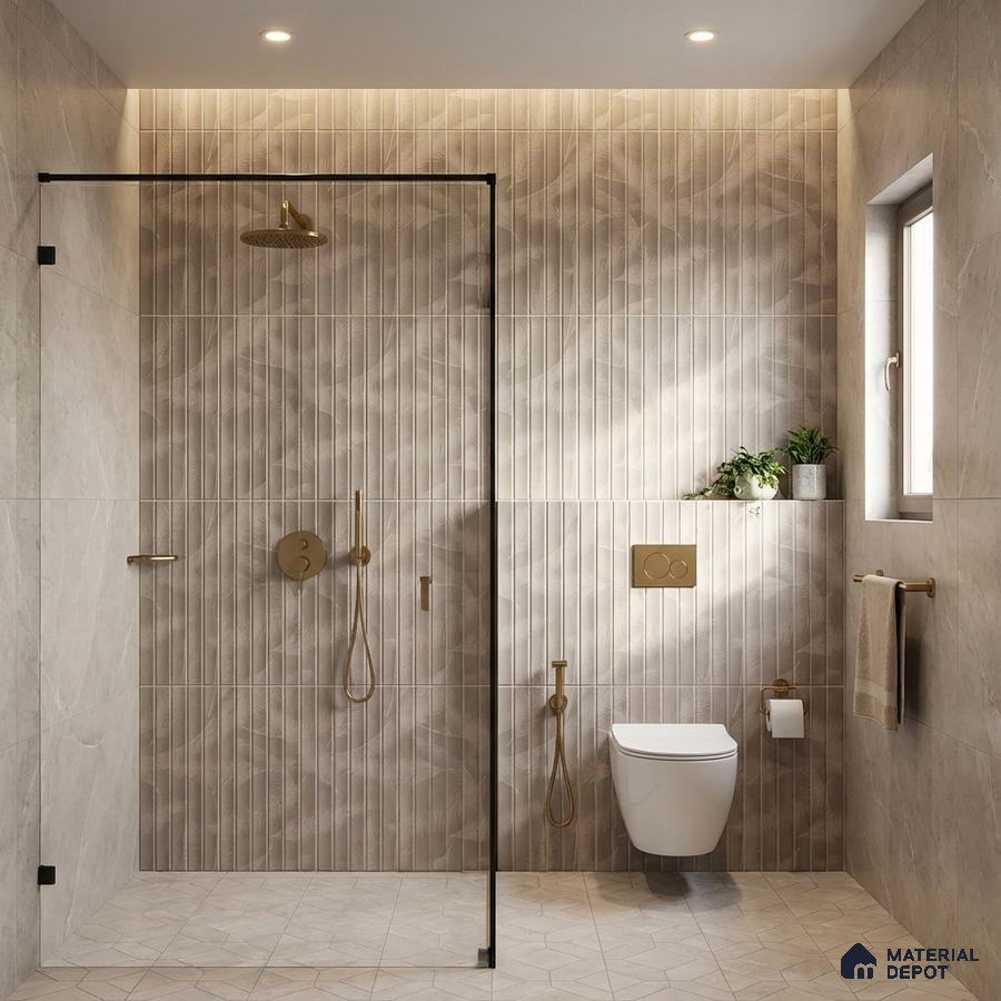 Modern bathroom with beige fluted wall tiles and geometric beige floor tiles