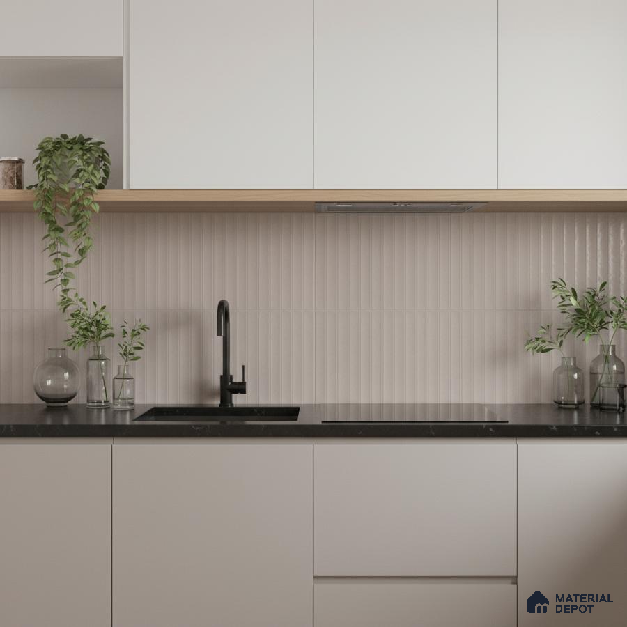 Minimalist kitchen with frosty white laminate cabinets, black quartz countertop, and beige fluted backsplash tile