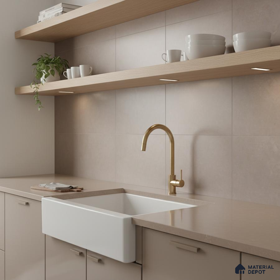 Minimalist kitchen with beige matte laminate cabinets, taupe quartz countertop, and light wood open shelves