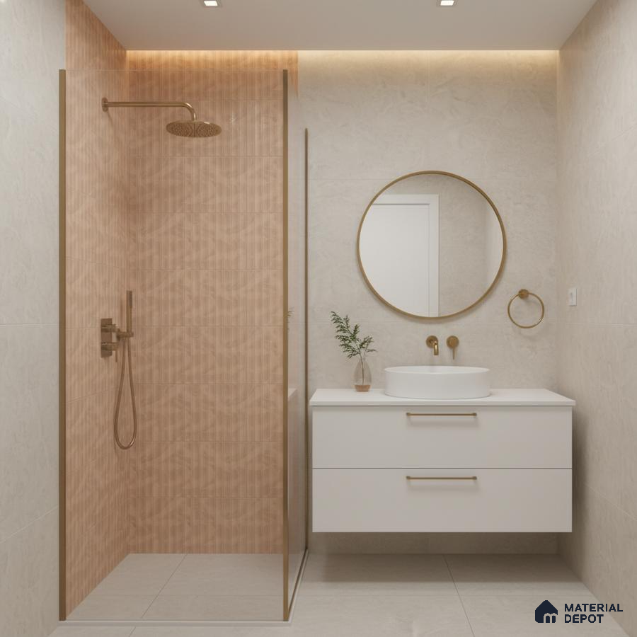 Minimalist bathroom with terracotta fluted wall tiles and matte beige stone tiles