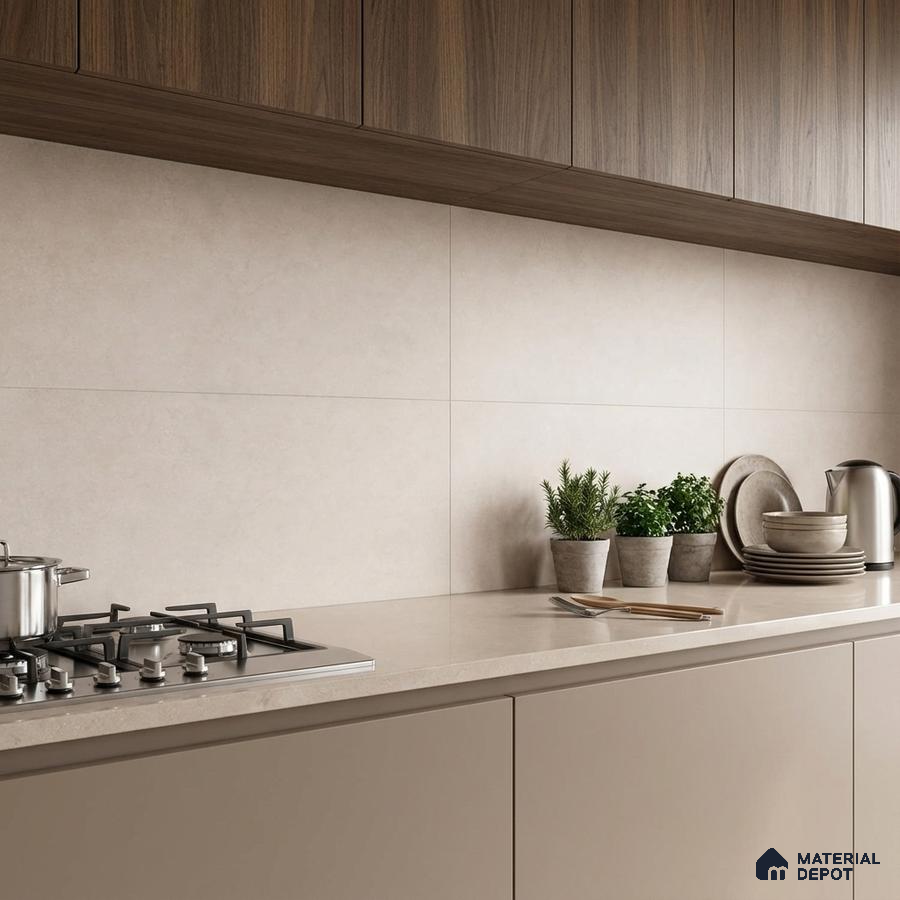 Minimalist kitchen with taupe laminate cabinets, beige quartz countertop, and walnut wood overhead cabinets