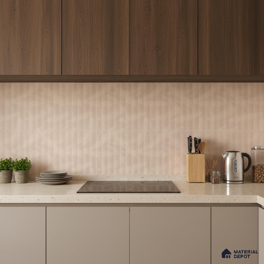 Modern kitchen with walnut wood laminate cabinets, beige solid color laminate base, and textured blush pink backsplash tile