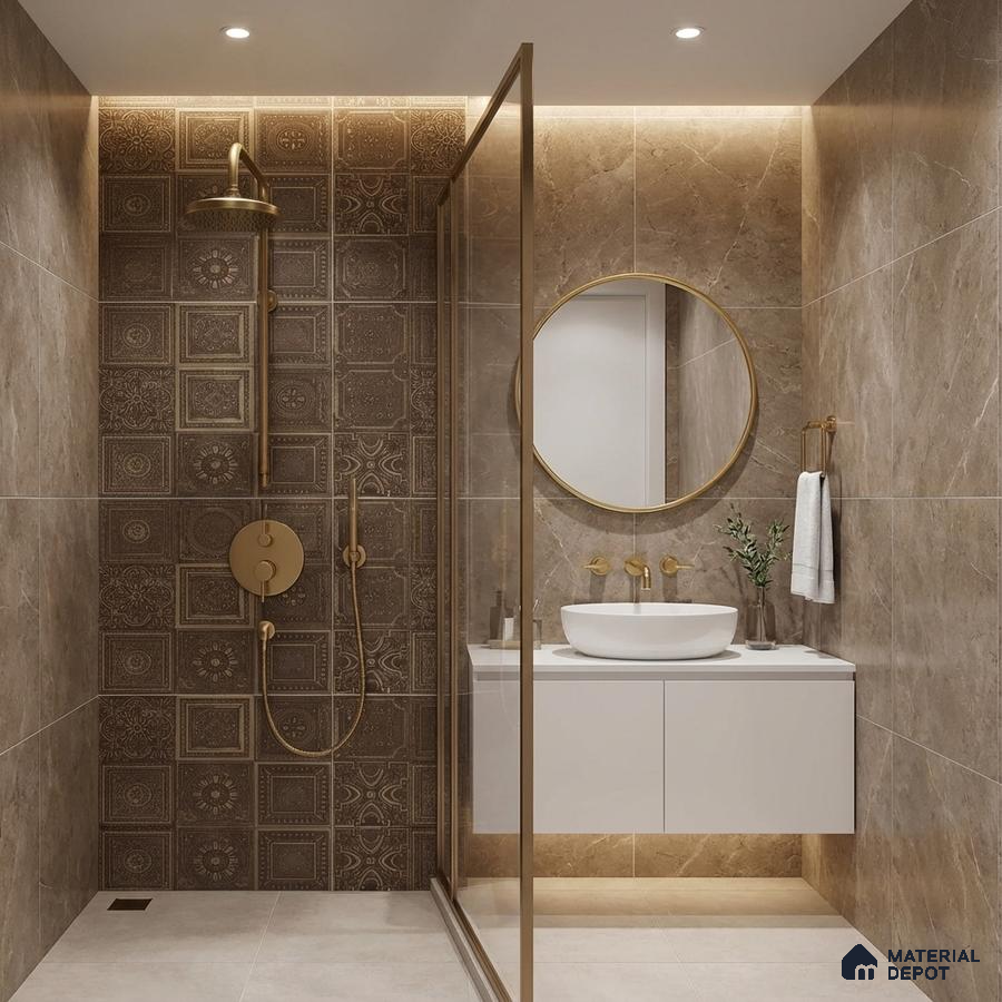 Modern bathroom with brown patterned highlighter wall tile and beige marble-look wall tiles