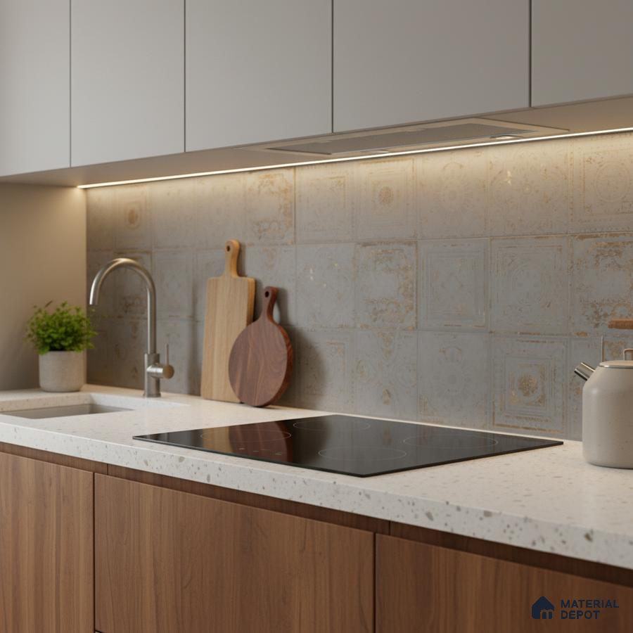 Modern kitchen with white quartz countertop, walnut laminate cabinets, and patterned vintage-look backsplash tiles