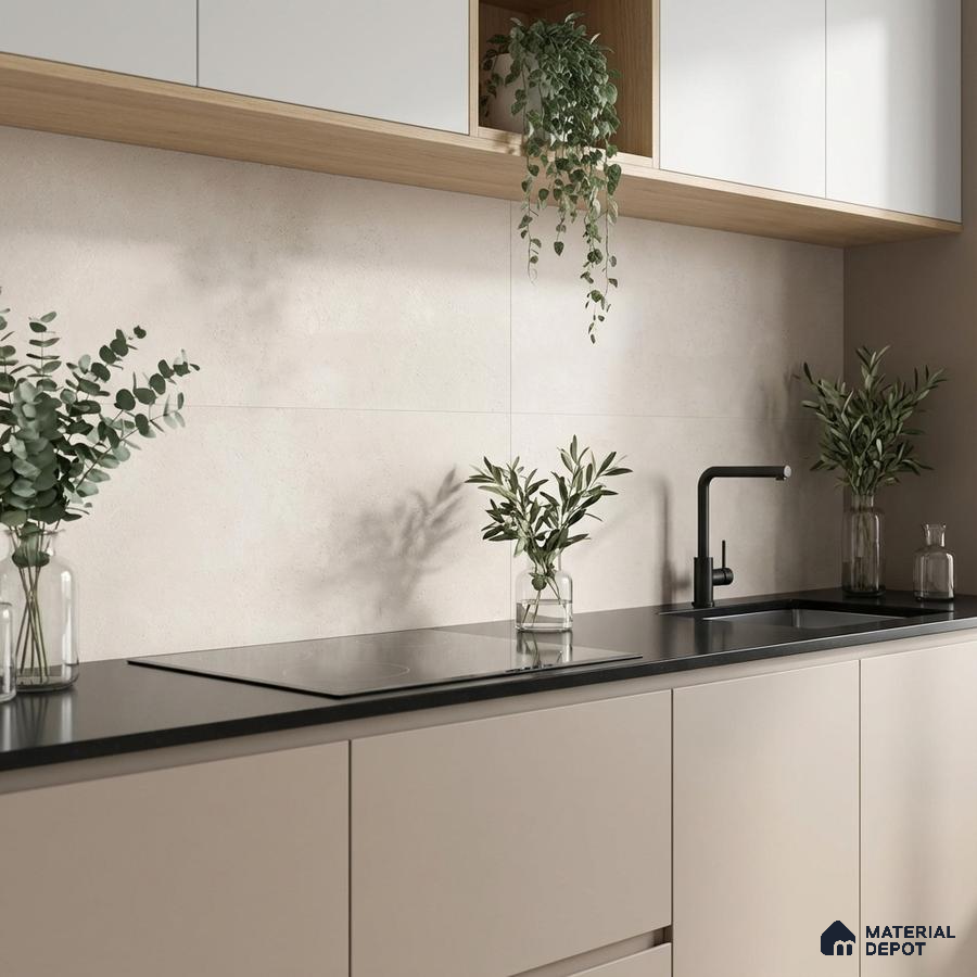 Minimalist kitchen with beige matte laminate cabinets, black quartz countertop, and light beige stone backsplash tile