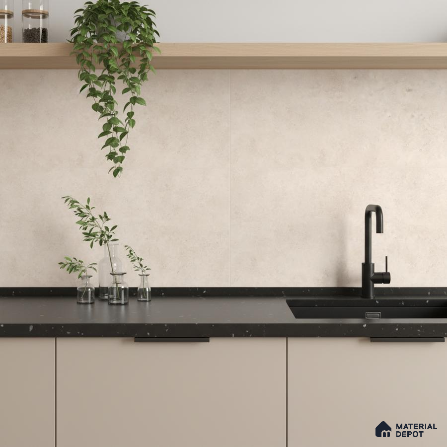 Minimalist kitchen with beige matte laminate cabinets, black quartz countertop, and light beige stone wall tile