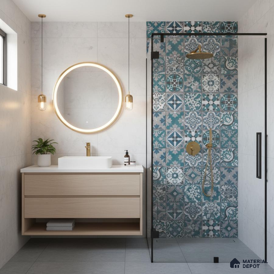 Modern kitchen with teal laminate cabinets, black countertop, and blue patterned moroccan backsplash tiles