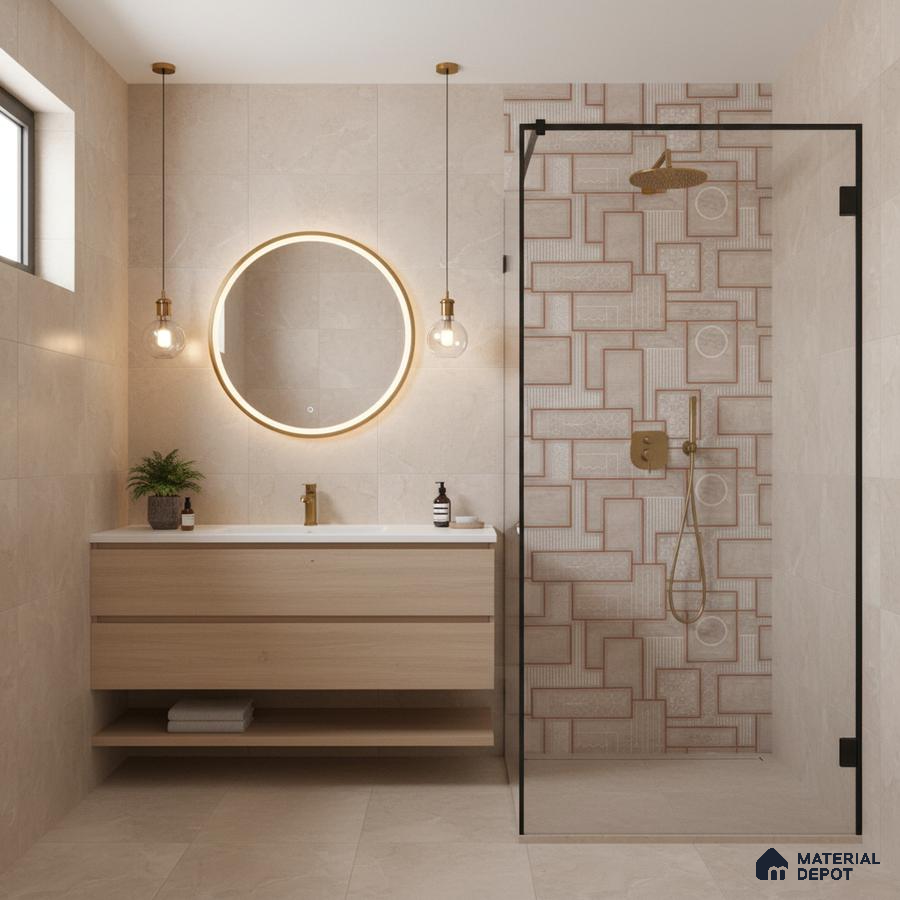 Modern bathroom with beige stone tiles, geometric patterned shower wall tile, and light oak vanity