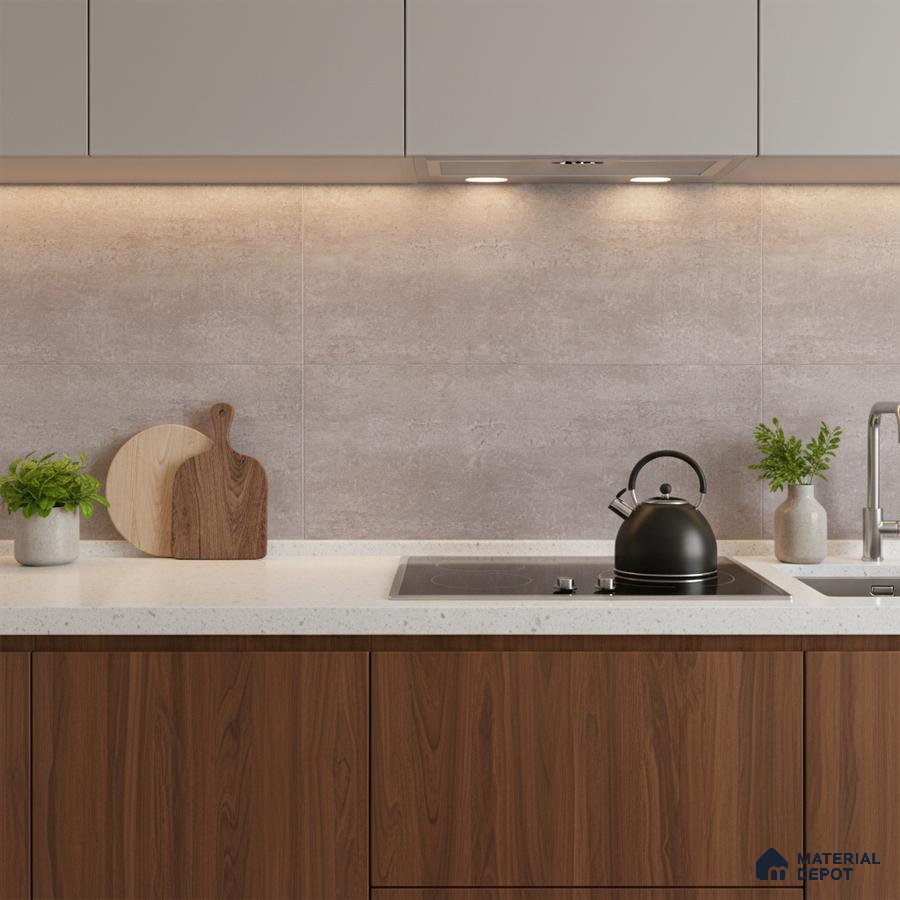 Modern kitchen with walnut brown laminate, grey stone backsplash tile, and white quartz countertop