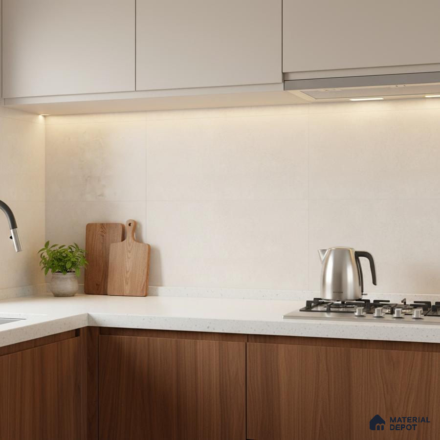 Modern kitchen with walnut wood laminate base cabinets, frosty white laminate upper cabinets, and white quartz countertop