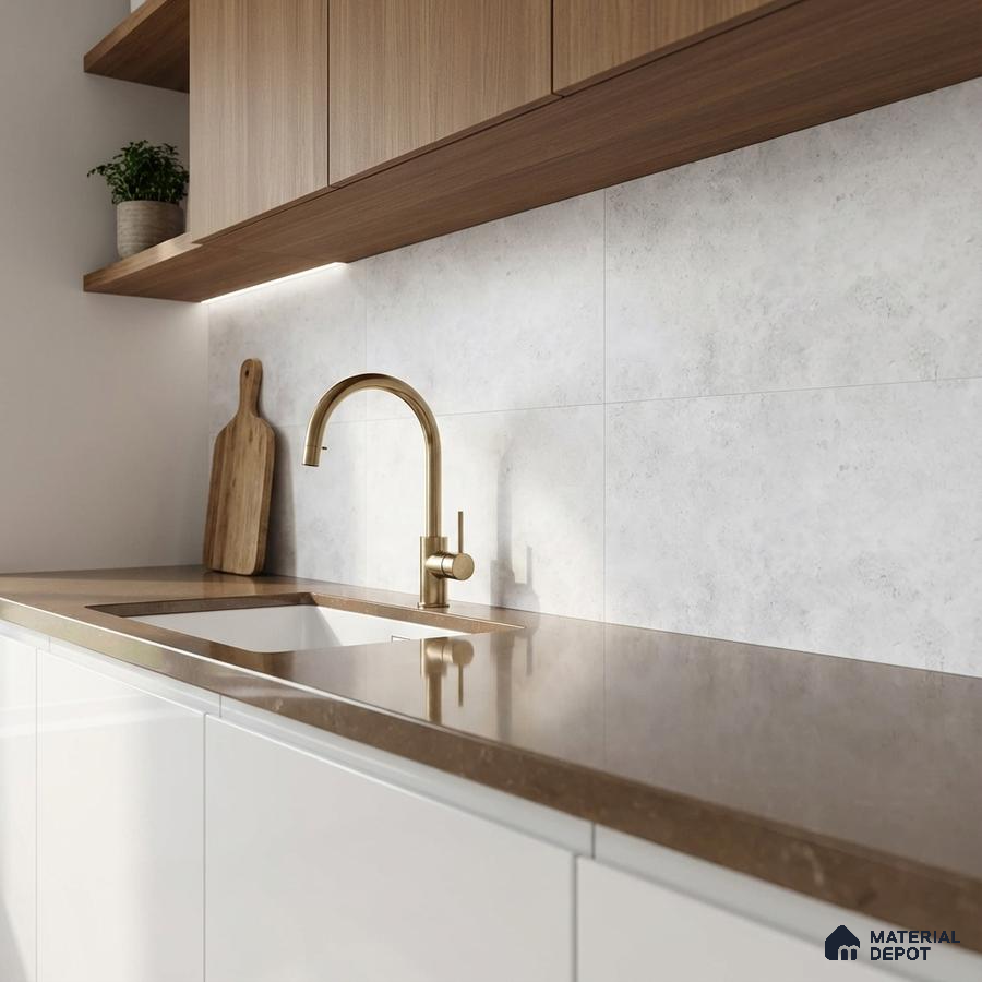 Modern kitchen with walnut wood laminate cabinets, brown quartz countertop, and light grey stone backsplash tile