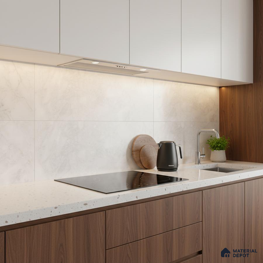 Modern kitchen with walnut wood laminate, white quartz countertop, and marble-look backsplash tile