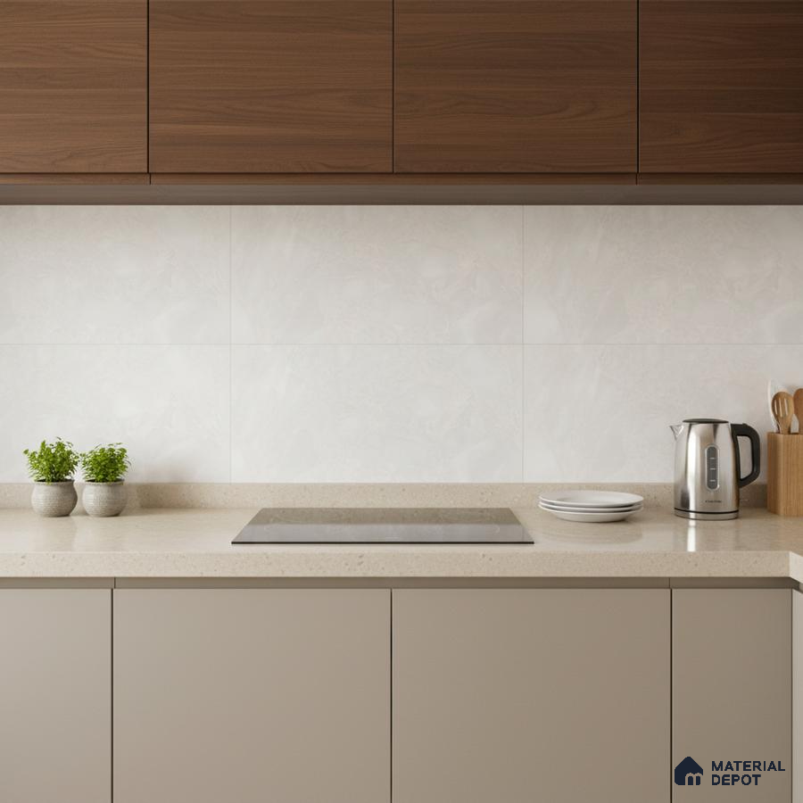 Modern kitchen with walnut wood laminate, beige solid color laminate, and marble-look backsplash tile