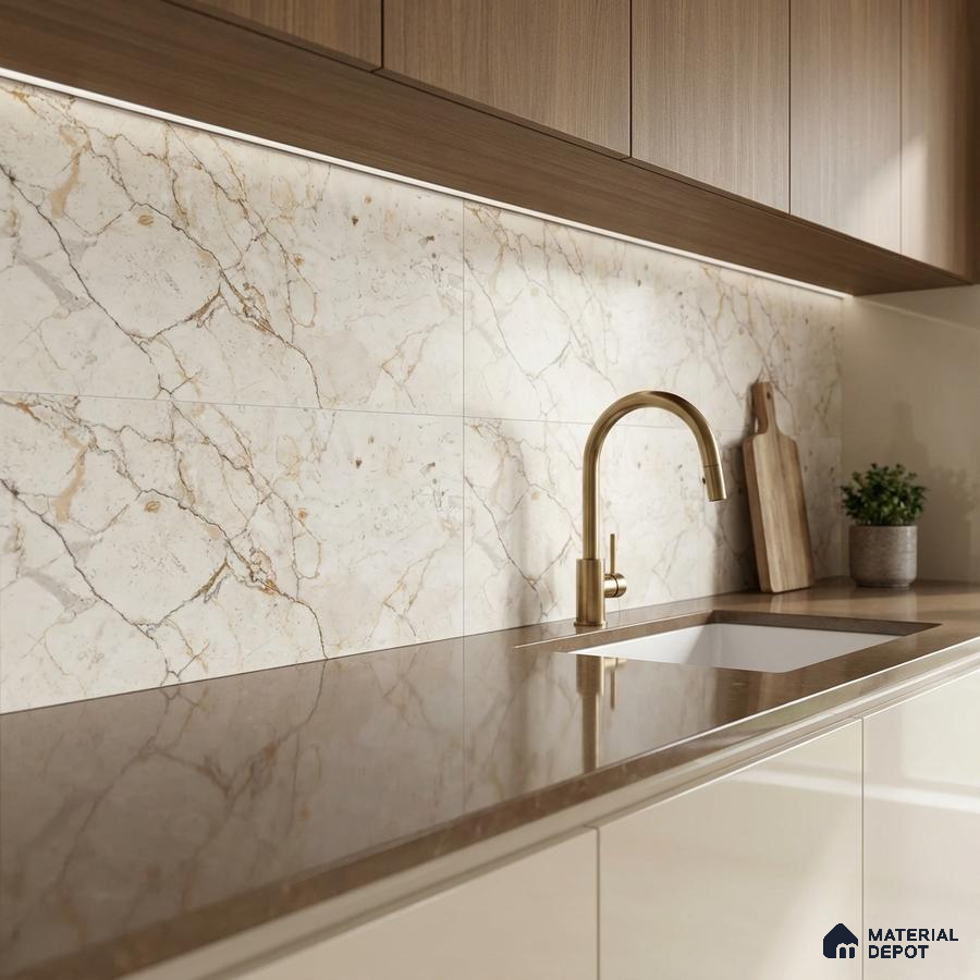 Modern kitchen with beige marble-look backsplash tile, brown quartz countertop, and wood grain laminate cabinets