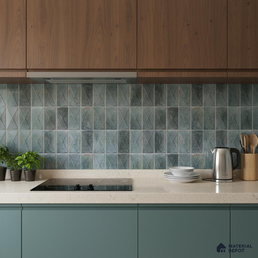 Modern kitchen with walnut wood laminate, sage green base cabinets, and geometric blue backsplash tile