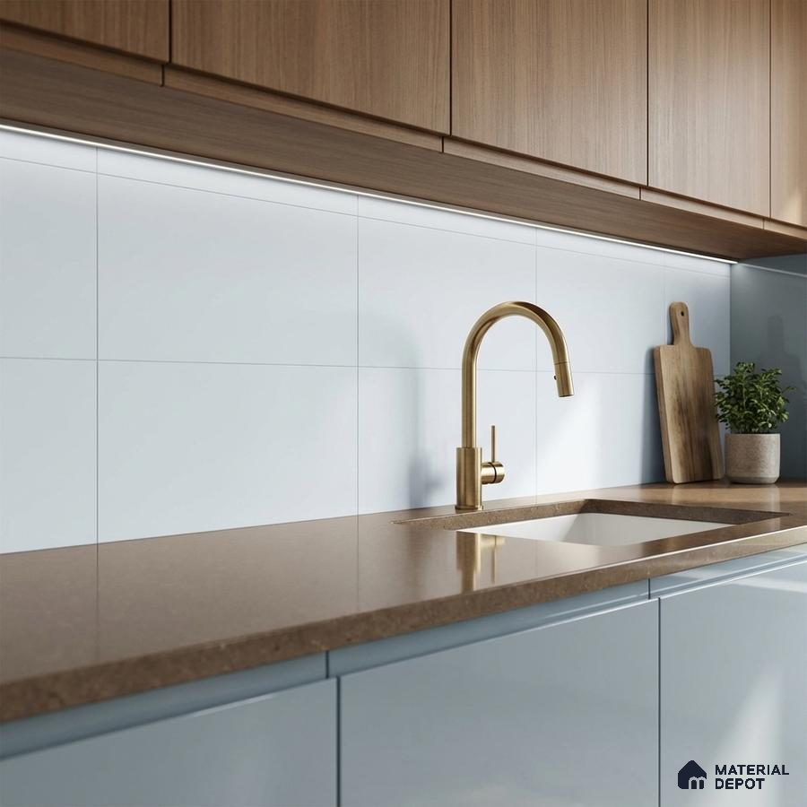 Modern kitchen with light wood laminate cabinets, brown quartz countertop, and frosty white backsplash tile