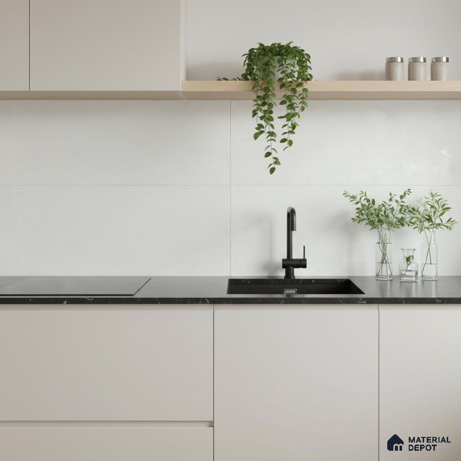 Minimalist kitchen with matte white laminate cabinets and black marble countertop