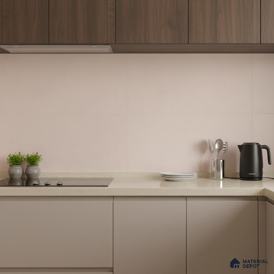 Modern kitchen with taupe laminate base cabinets, walnut wood laminate overheads, and pastel pink wall tiles