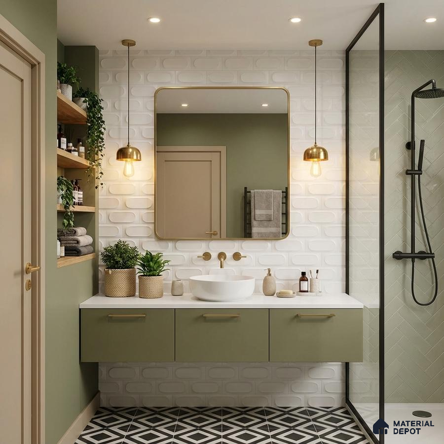 Modern bathroom with olive green laminate vanity, white 3D subway wall tiles, and black-and-white geometric floor tiles