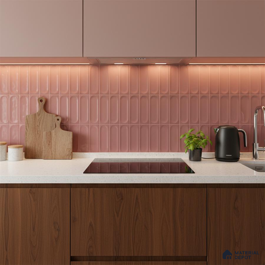 Modern kitchen with blush pink kitkat wall tiles, walnut wood laminate base cabinets, and white quartz countertop