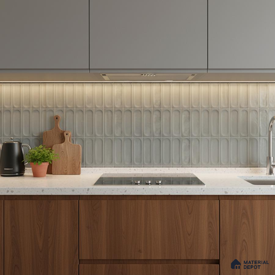 Modern kitchen with grey matte laminate, white quartz countertop, and wood base cabinets