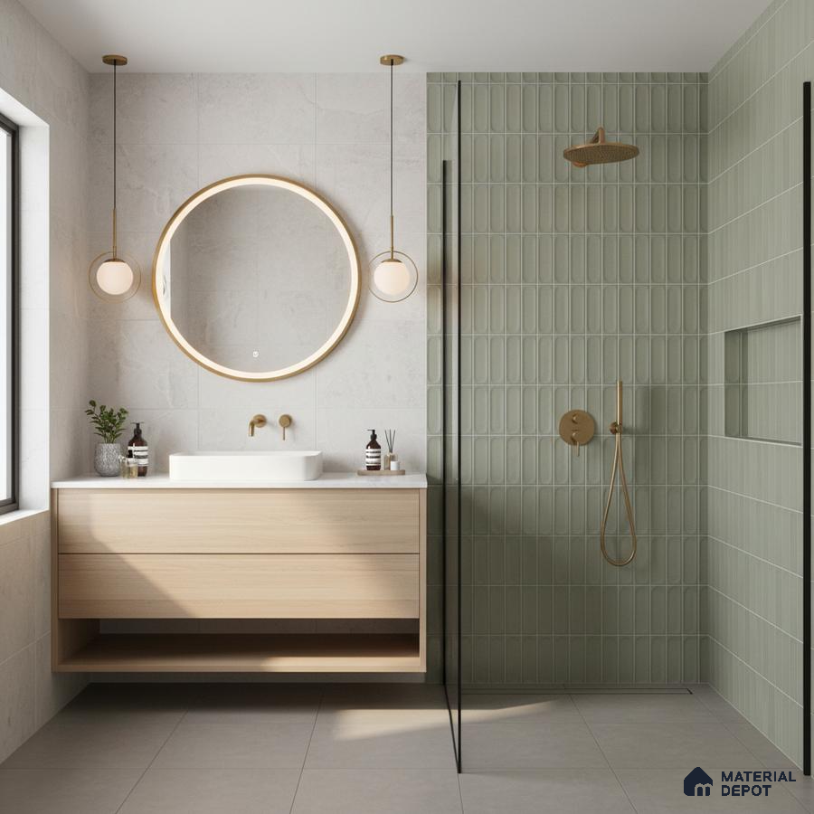 Scandinavian bathroom with sage green kitkat wall tiles and light wood floating vanity