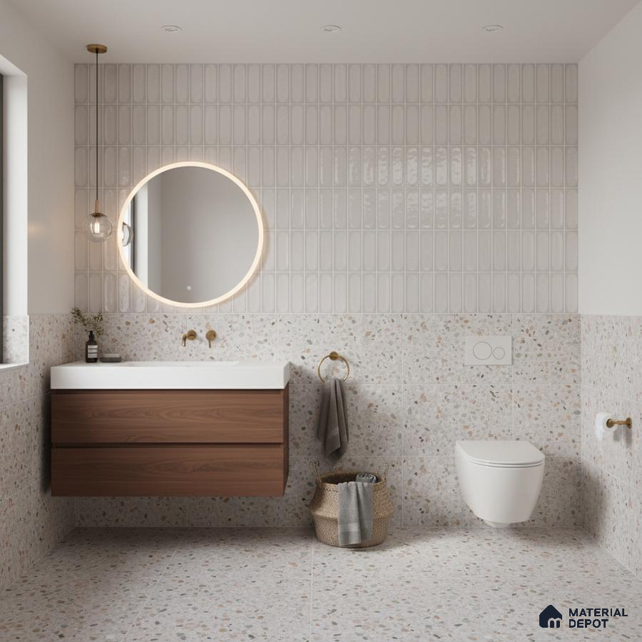 Scandinavian bathroom with terrazzo wall and floor tiles, white kitkat wall tiles, and walnut wood vanity